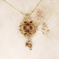 Polished Japanese Walnut Slice Pendant with Accent Beads & 18k Electroformed Gold on Gold-Filled Chain