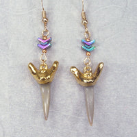Fossil Sand Shark Tooth Earrings with Chevron Accent Beads