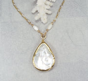 Mother of Pearl Teardrop Necklace with Beaded Connectors & Electroformed 18kt Gold