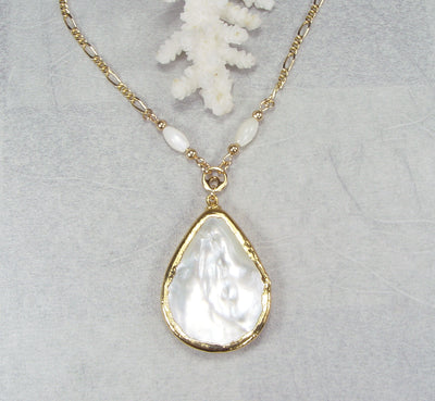 Mother of Pearl Teardrop Necklace with Beaded Connectors & Electroformed 18kt Gold