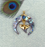 Abalone Shell Crescent Pendant with Fossil Bull Shark Tooth & 18kt Electroformed Gold