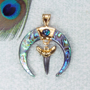 Abalone Shell Crescent Pendant with Fossil Shark Tooth & 18kt Electroformed Gold