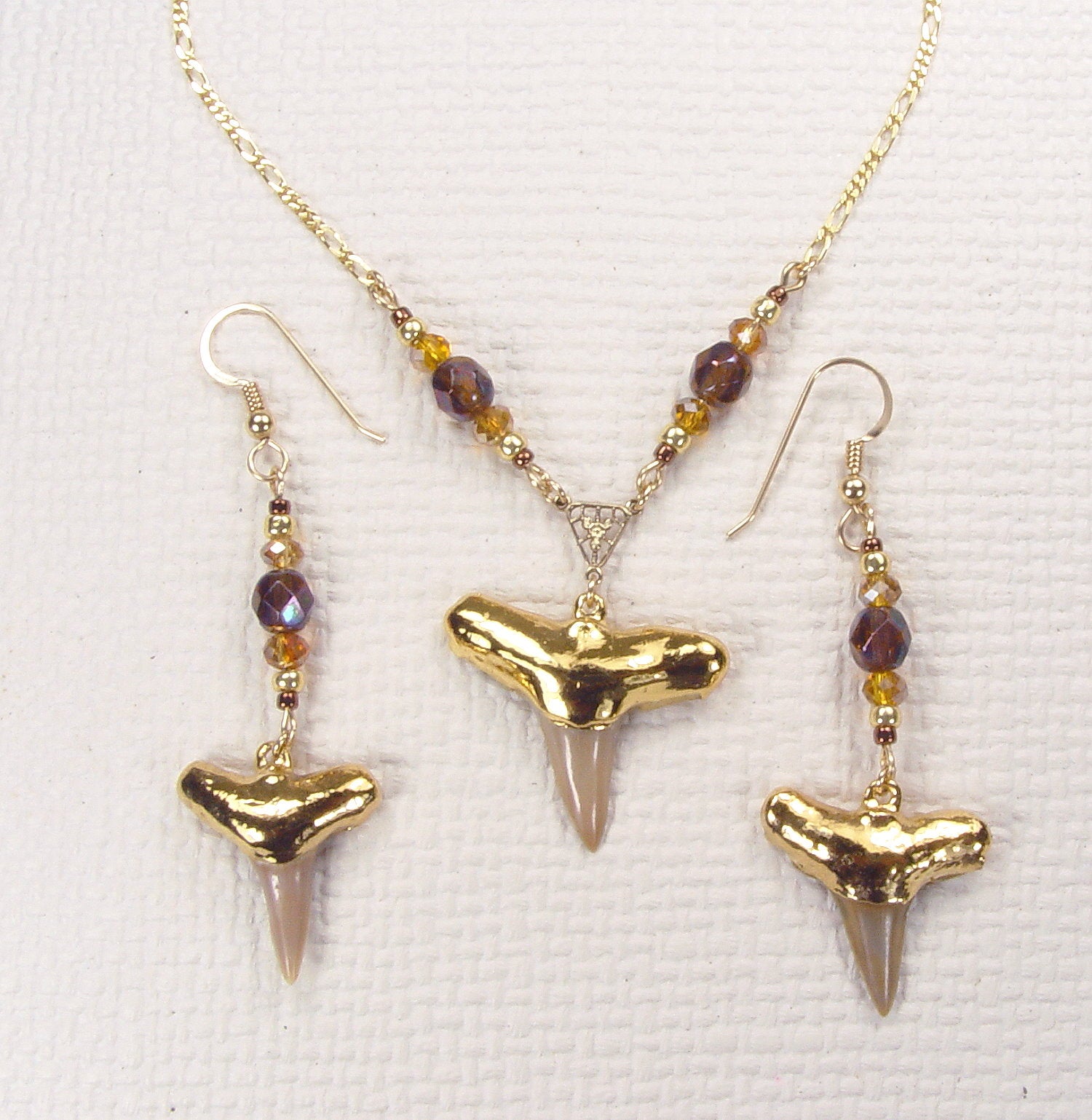 Fossil Lemon Shark Tooth Necklace and Earrings Matched Set