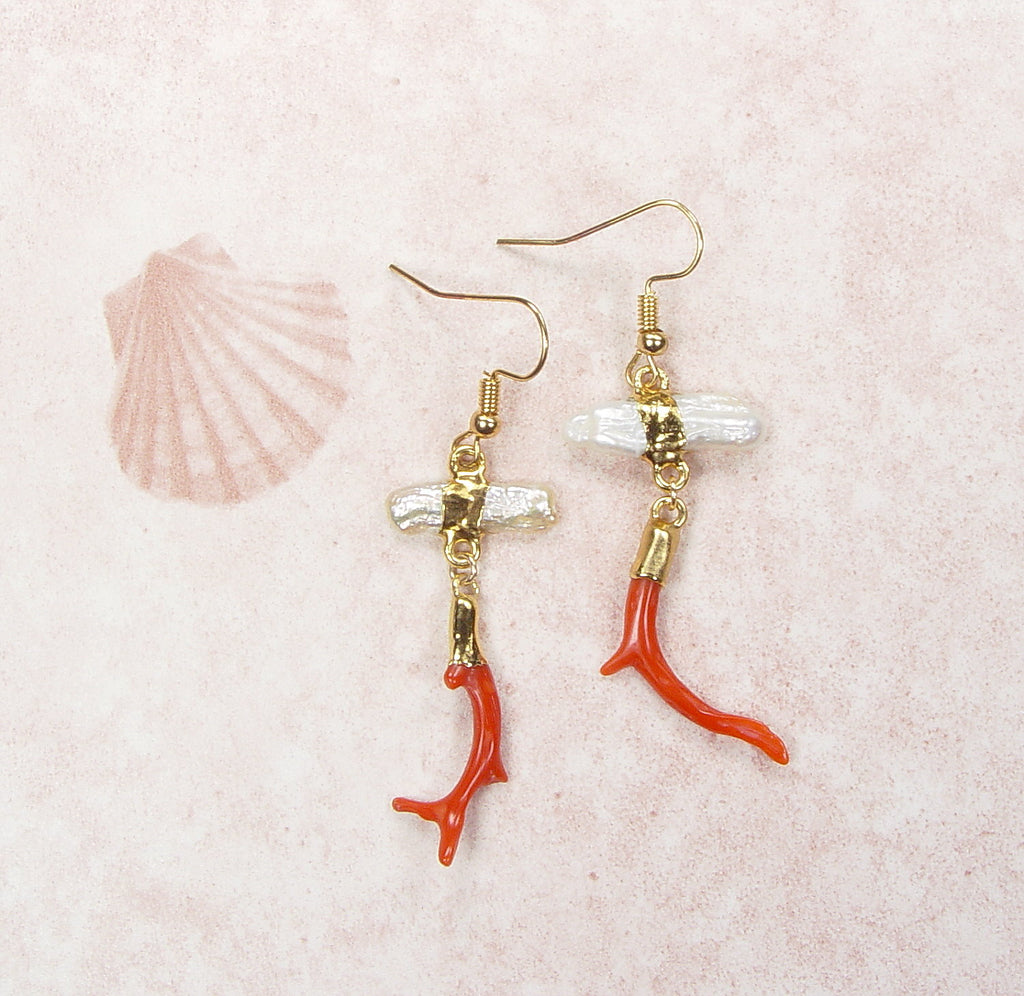Red Coral and Pearl Earrings with Electroformed 18kt Gold Accents