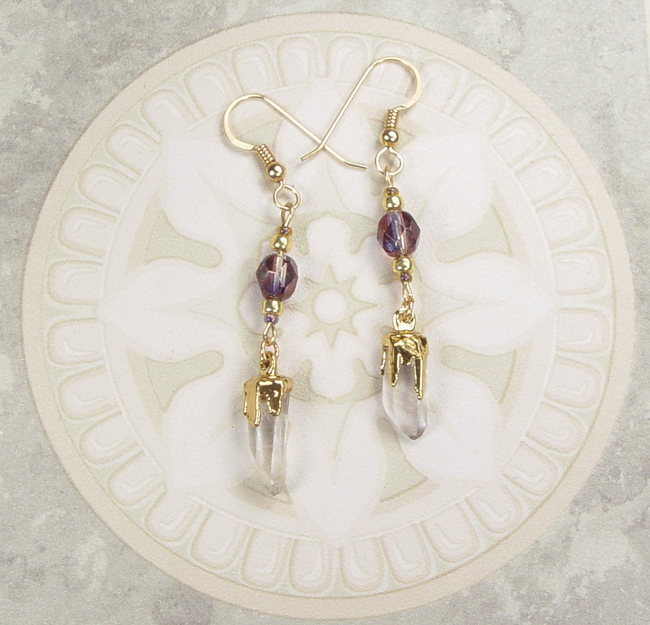 Quartz Crystal Earrings Electroformed in 18kt Gold