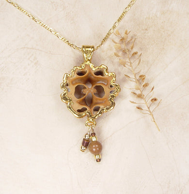 Polished Japanese Walnut Slice Pendant with Accent Beads & 18k Electroformed Gold on Gold-Filled Chain