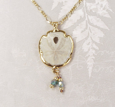 Fossil Sand Dollar Necklace with Accent Beads & 18k Electroformed Gold on Gold-Filled Chain