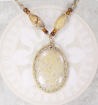 Fossil Coral Necklace with Accent Beads & 18k Electroformed Gold on Gold-Filled Chain