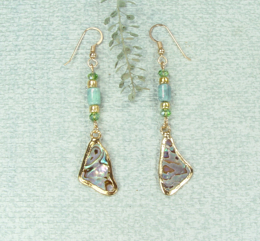 Paua (Abalone) Shell Earrings with Accent Beads, Hypo-Allergenic Earring Wires & 18k Electroformed Gold