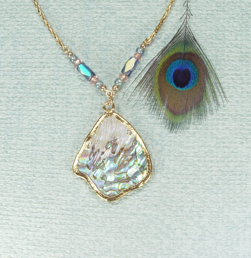 Abalone Shell Paua Fan Necklace with Peacock Feather Colors of MOP, Sterling Bali beads, and offers Sterling Toggle