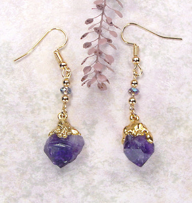 Amethyst Crystal Earrings with Accent Beads, Hypo-Allergenic Earring Wires & 18kt Electroformed Gold
