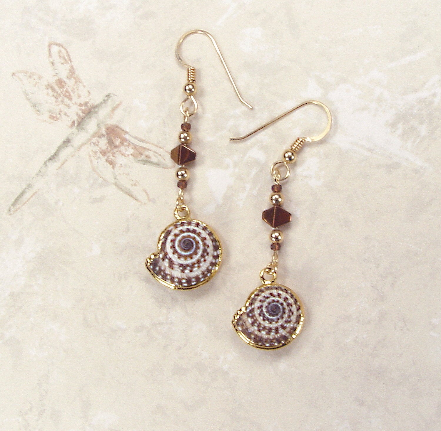 Heliacus Shell Earrings with Accent Beads, Hypo-Allergenic Earring Wires & 18k Electroformed Gold