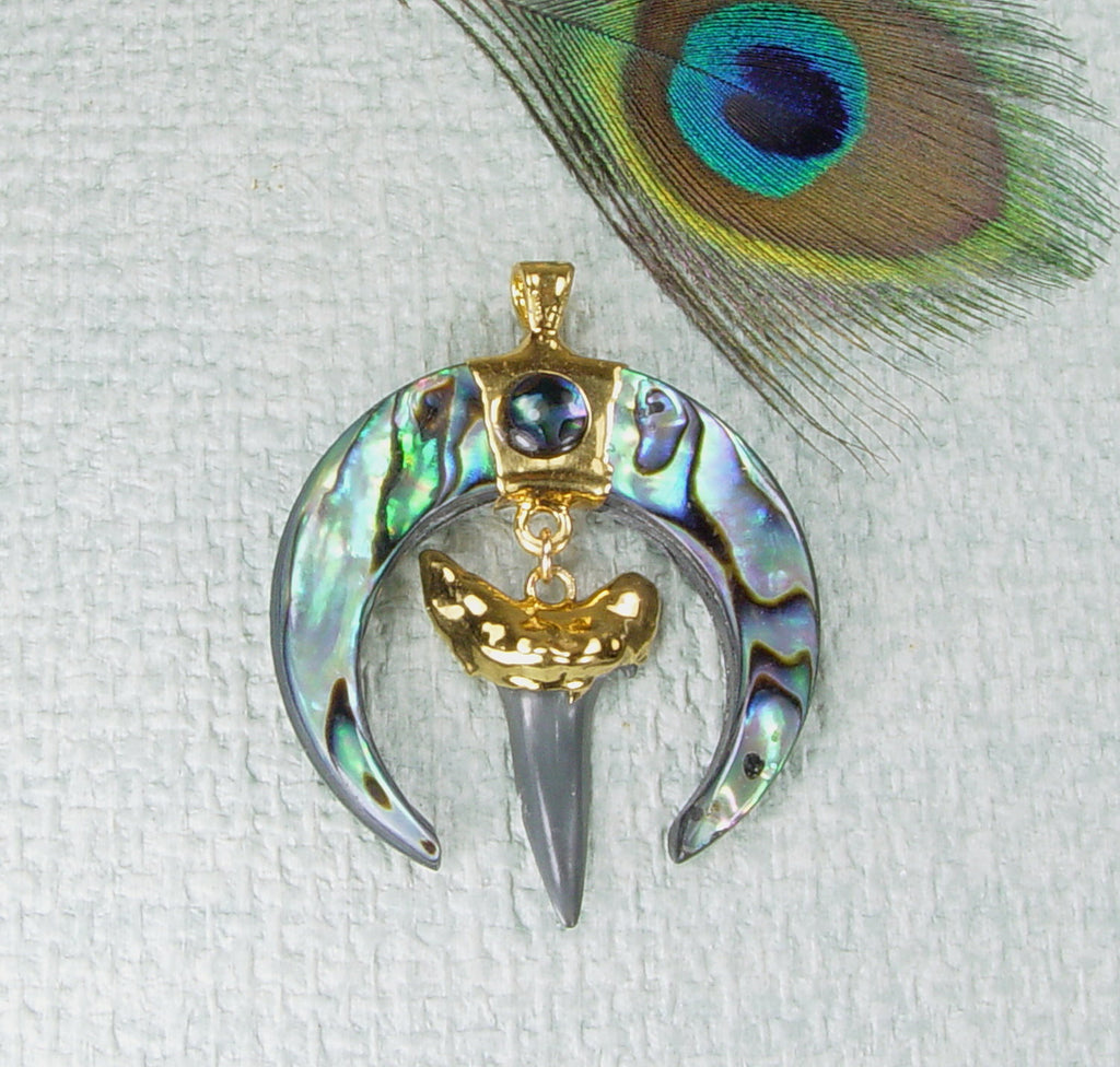 Paua Shell (Abalone) Crescent with Fossil Shark Tooth Electroformed in 18kt Gold