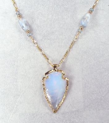 Opalite Arrowhead Necklace with Beaded Accents on Gold-Filled Chain