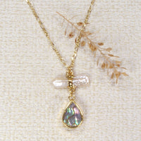 Teardrop Paua Shell Necklace with Pearl Connector on Gold-Filled Chain