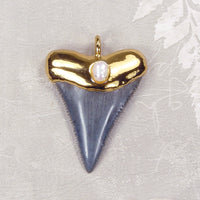 Fossil Great White Shark Tooth Pendant with Pearl Insert & Electroformed 18kt Gold