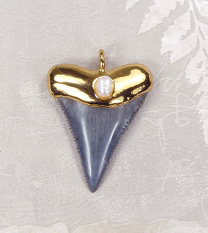 Fossil Great White Shark Tooth Pendant with Pearl Insert & Electroformed 18kt Gold