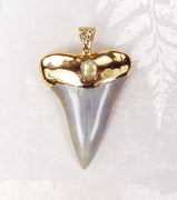 Fossil Mako Shark Tooth Pendant with Mother-of-Pearl Insert & Electroformed 18kt Gold