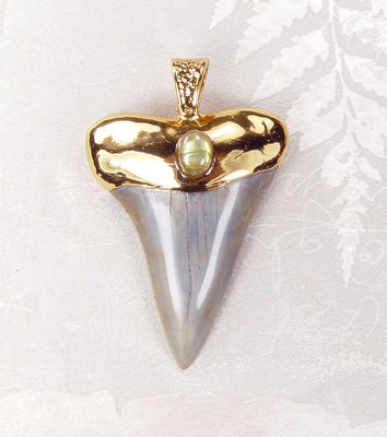 Fossil Mako Shark Tooth Pendant with Mother-of-Pearl Insert & Electroformed 18kt Gold