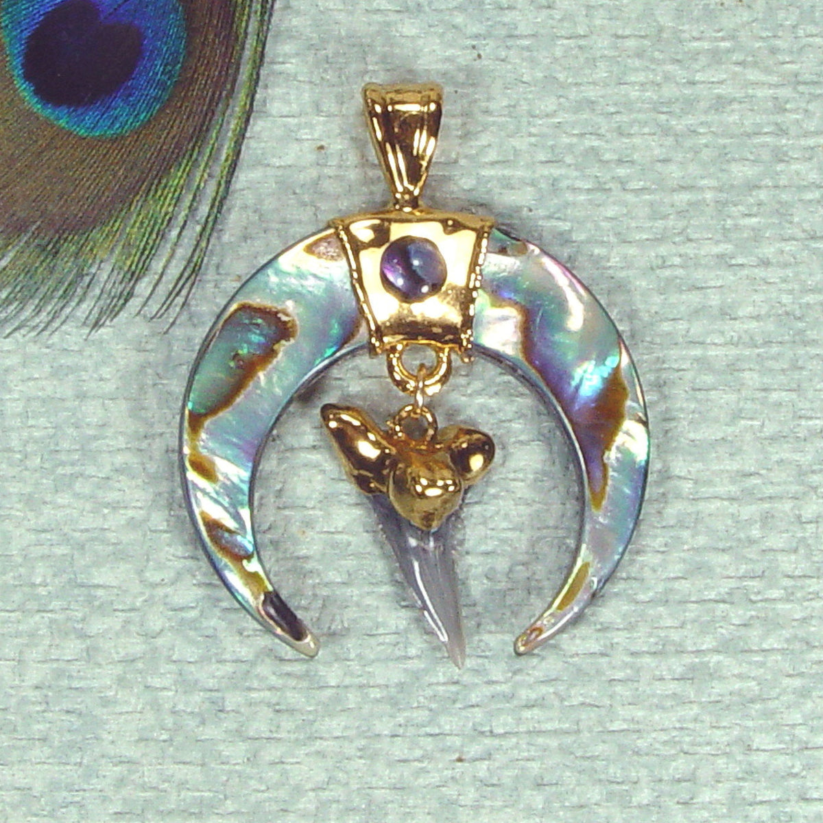 Abalone Shell Crescent Pendant with Fossil Shark Tooth & 18kt Electroformed Gold