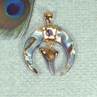 Abalone Shell Crescent Pendant with Fossil Shark Tooth & 18kt Electroformed Gold