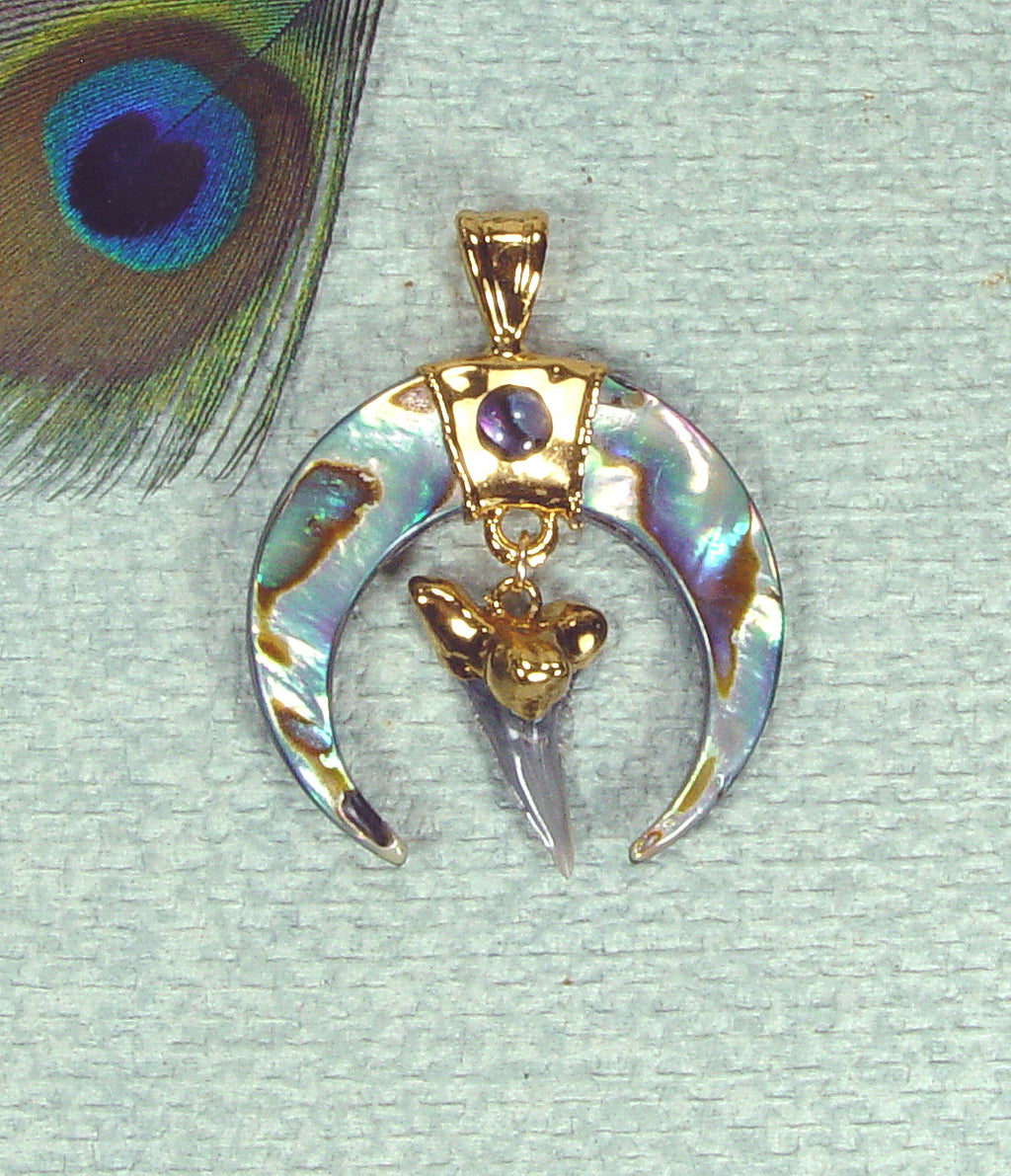 Abalone Shell Crescent Pendant with Fossil Shark Tooth & 18kt Electroformed Gold