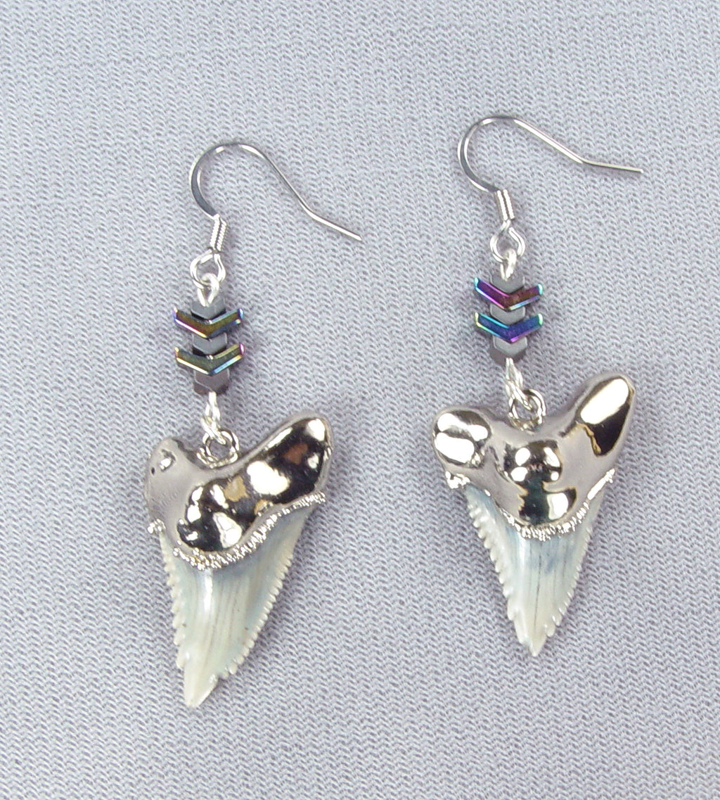 Hemipristis Shark Tooth Earrings with Hypoallergenic Nickel & Chevron Beaded Connectors