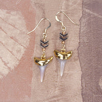 Fossil Mako Shark Tooth Earrings with Chevron Beaded Connectors & Electroformed 18kt Gold