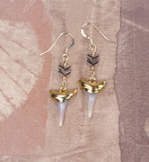 Fossil Mako Shark Tooth Earrings with Chevron Beaded Connectors & Electroformed 18kt Gold