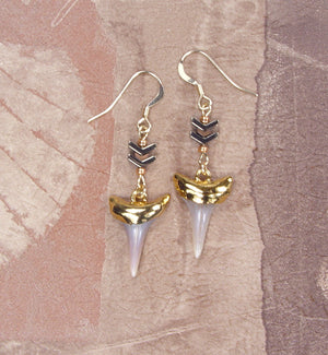 Fossil Mako Shark Tooth Earrings with Chevron Beaded Connectors & Electroformed 18kt Gold