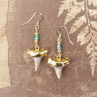 Fossil Mako Shark Tooth Earrings with Beaded Connectors & Electroformed 18kt Gold