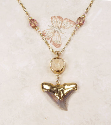 Fossil Hemipristis Shark Tooth & Vertebrae Necklace with Beaded Connectors & Gold-Filled Chain