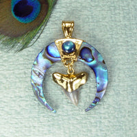 Abalone Shell Crescent Pendant with Fossil Bull Shark Tooth & 18kt Electroformed Gold