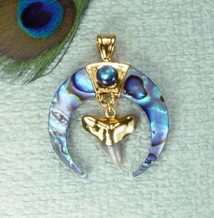 Abalone Shell Crescent Pendant with Fossil Bull Shark Tooth & 18kt Electroformed Gold