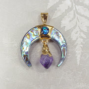 Abalone Shell Crescent Pendant with Amethyst Crystal & 18kt Electroformed Gold