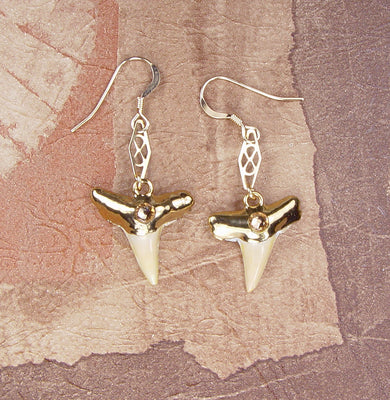 Fossil Lemon Shark Tooth Earrings with Accent Stone Insert & Electroformed 18kt Gold