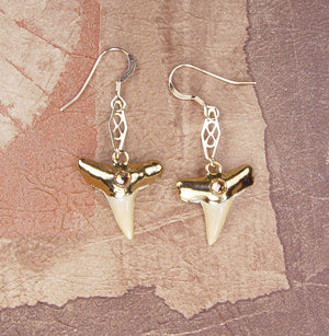 Fossil Lemon Shark Tooth Earrings with Accent Stone Insert & Electroformed 18kt Gold