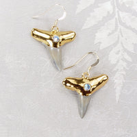 Fossil Lemon Shark Tooth Earrings with Accent Stone Insert & Electroformed 18kt Gold