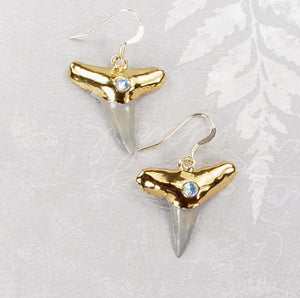 Fossil Lemon Shark Tooth Earrings with Accent Stone Insert & Electroformed 18kt Gold