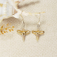 Fossil Lemon Shark Tooth Earrings with Accent Stone Insert & Electroformed 18kt Gold