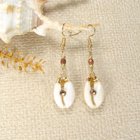 Cowry Shell Earrings with Beaded Connectors and Accent Stone