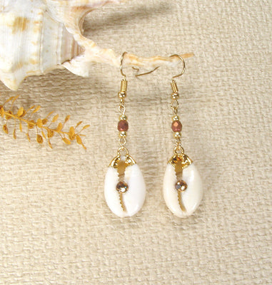 Cowry Shell Earrings with Beaded Connectors and Accent Stone