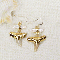 Fossil Lemon Shark Tooth Earrings with Pearls & Electroformed 18kt Gold