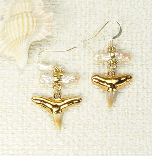 Fossil Lemon Shark Tooth Earrings with Pearls & Electroformed 18kt Gold