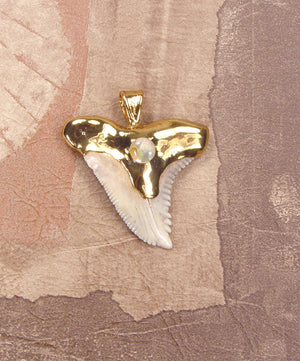 Hemipristis Fossil Shark Tooth Pendant with Pearl Insert & Electroformed 18kt Gold