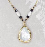 Mother of Pearl Teardrop Necklace with Beaded Connectors & Electroformed 18kt Gold