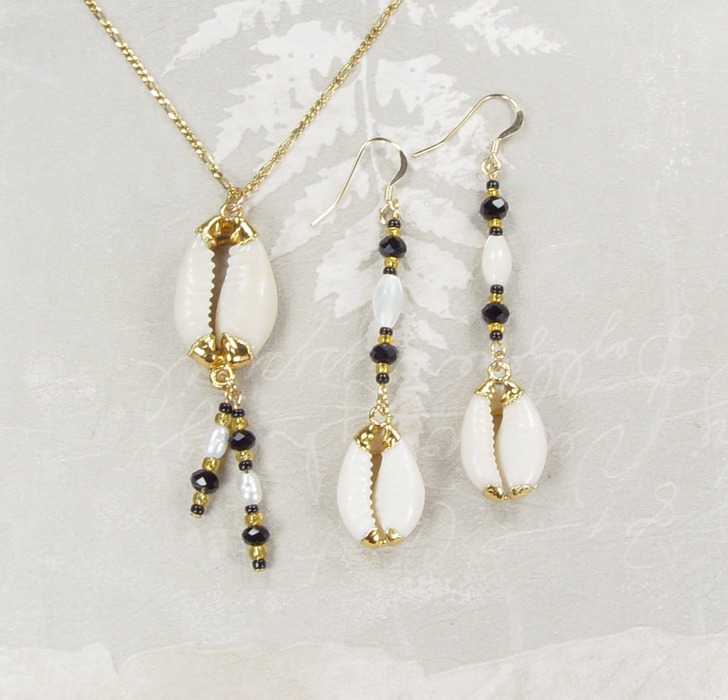 Cowry Shell Necklace & Earrings Matched Set with Accent Beads