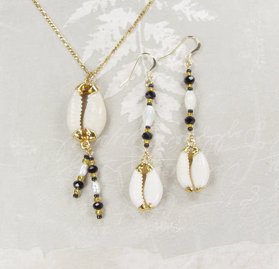 Cowry Shell Necklace & Earrings Matched Set with Accent Beads