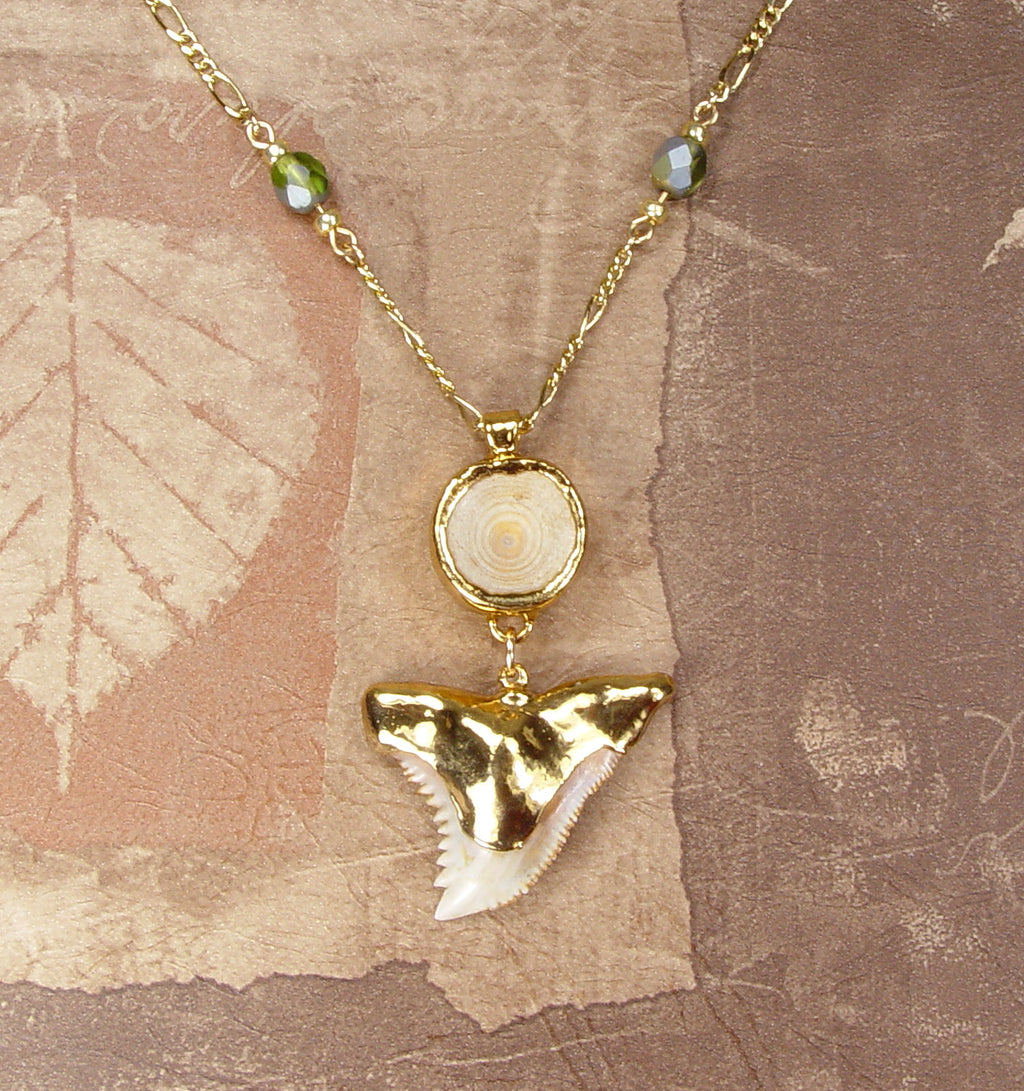 Fossil Hemipristis Shark Tooth & Vertebrae Necklace with Beaded Connectors & Gold-Filled Chain