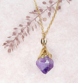 Amethyst Crystal Necklace with Gold-Filled Chain & Electroformed 18kt Gold